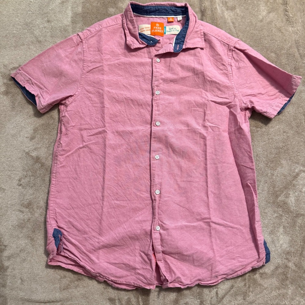 Free Planet Mens Short Sleeve Button Down Shirt Pink Cotton Summer